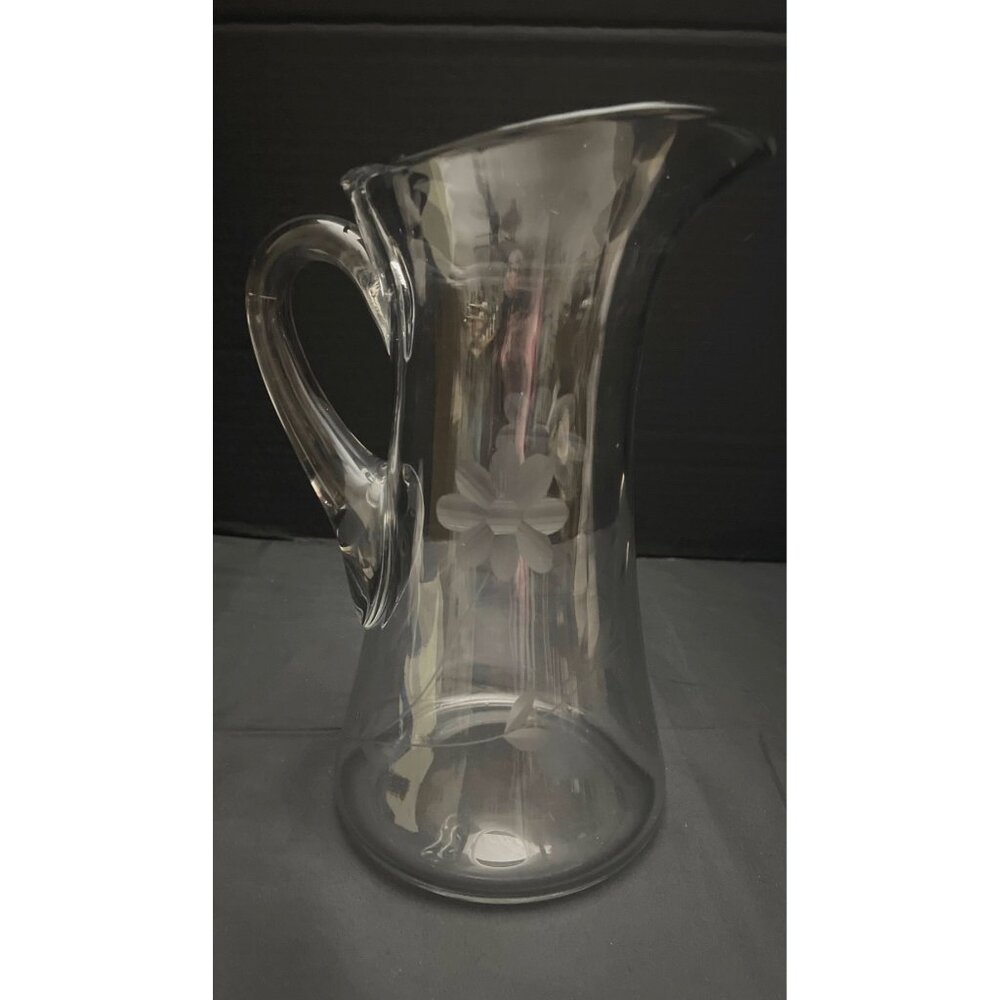 Vintage Blown Glass Water Pitcher Etched Floral Design 10 1/4”